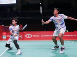 Ganda putra Indonesia Leo Rolly Carnando/Bagas Maulana saat berlaga di babak 32 besar Kumamoto Masters 2024, Selasa (12/11/2024). (Dok. Istimewa)