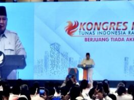 Presiden Prabowo Subianto, yang juga menjabat Ketua Umum DPP Partai Gerindra, berpidato dalam Kongres IV PP Tidar di Jakarta, Sabtu (17/5/2025). (Dok. Istimewa)