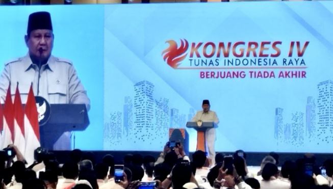 Prabowo Larang Kader-kadernya Gembar-Gembor 2 Periode Presiden Prabowo Subianto, yang juga menjabat Ketua Umum DPP Partai Gerindra, berpidato dalam Kongres IV PP Tidar di Jakarta, Sabtu (17/5/2025). (Dok. Istimewa)
