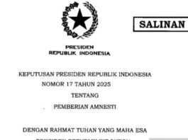 Salinan Keputusan Presiden (Keppres) Republik Indonesia Nomor 17 Tahun 2025 tentang Pemberian Amnesti. (Dok. Istimewa)