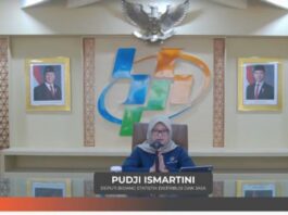 Tangkapan layar - Deputi Statistik Bidang Distribusi dan Jasa Badan Pusat Statistik (BPS) Pudji Ismartini menyampaikan pemaparannya dalam Konferensi Pers Berita Resmi Statistik (BRS) di Jakarta, Senin (3/11/2025). BPS melaporkan Provinsi Papua Pegunungan mengalami deflasi terdalam pada Oktober 2025, yakni sebesar 0,92 persen secara bulanan (month-to-month/mtm) akibat penurunan harga sejumlah komoditas pangan. (Dok. Istimewa)